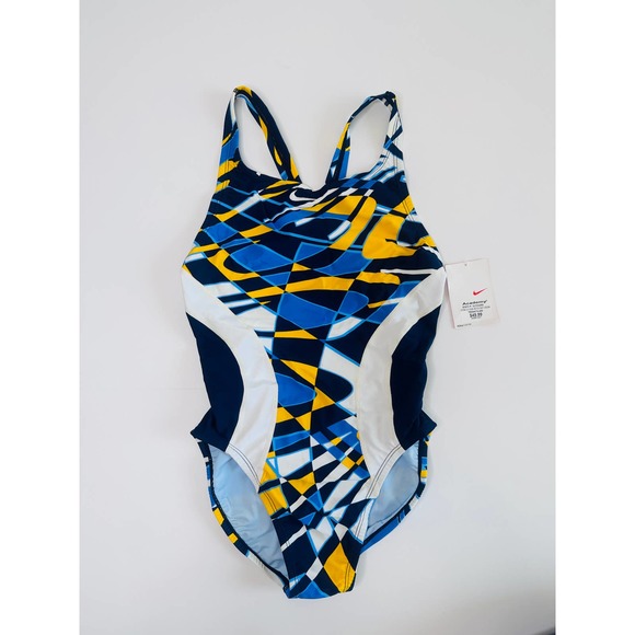 Nike Swim Nike Womens New One Piece Swimsuit Geometric Blue Yellow